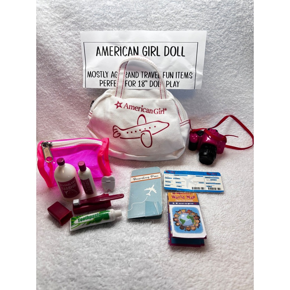 American Girl Doll Travel Accessory Lot Duffel Bag Camera Toiletries Map OG